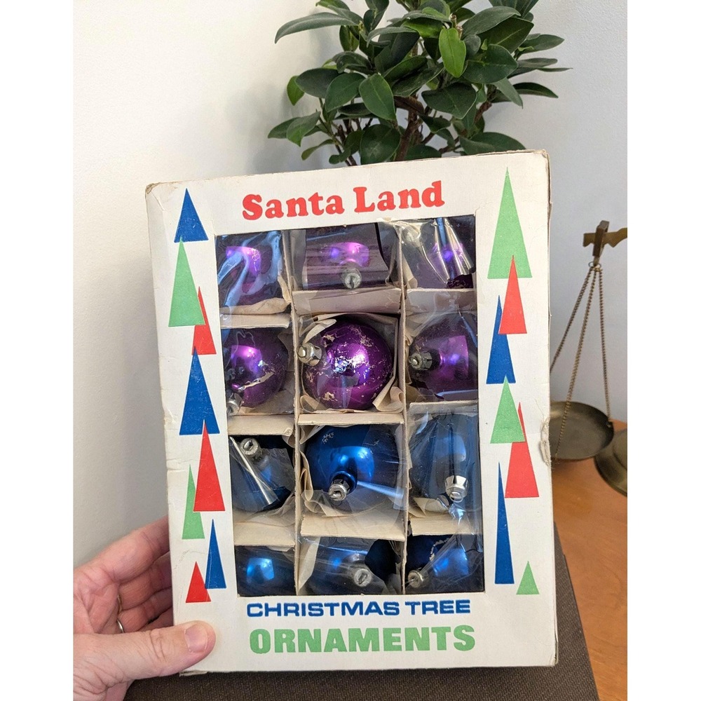 Vintage Glass Christmas Ornaments Set of 12, Purple Blue Baubles, Retro Tree